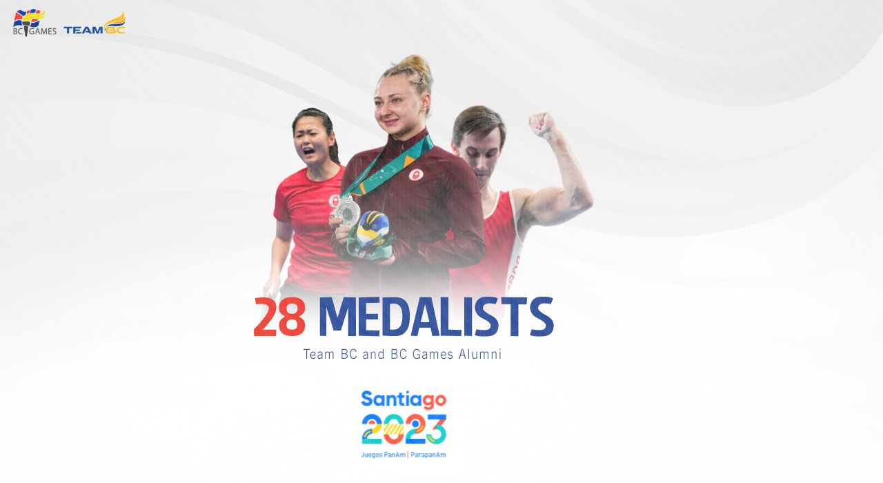 Three alumni above the text "28 Medalists" and the Pan Am Games 2023 logo.