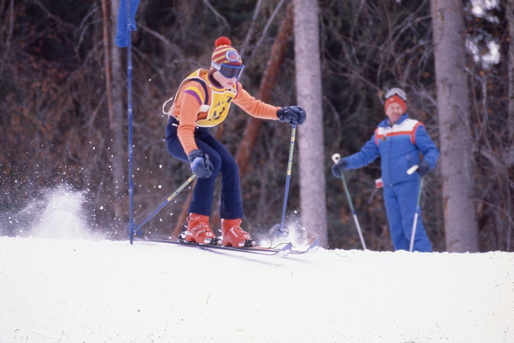 Alpine skiier racing during the Kamloops 1979 BC Winter Games.