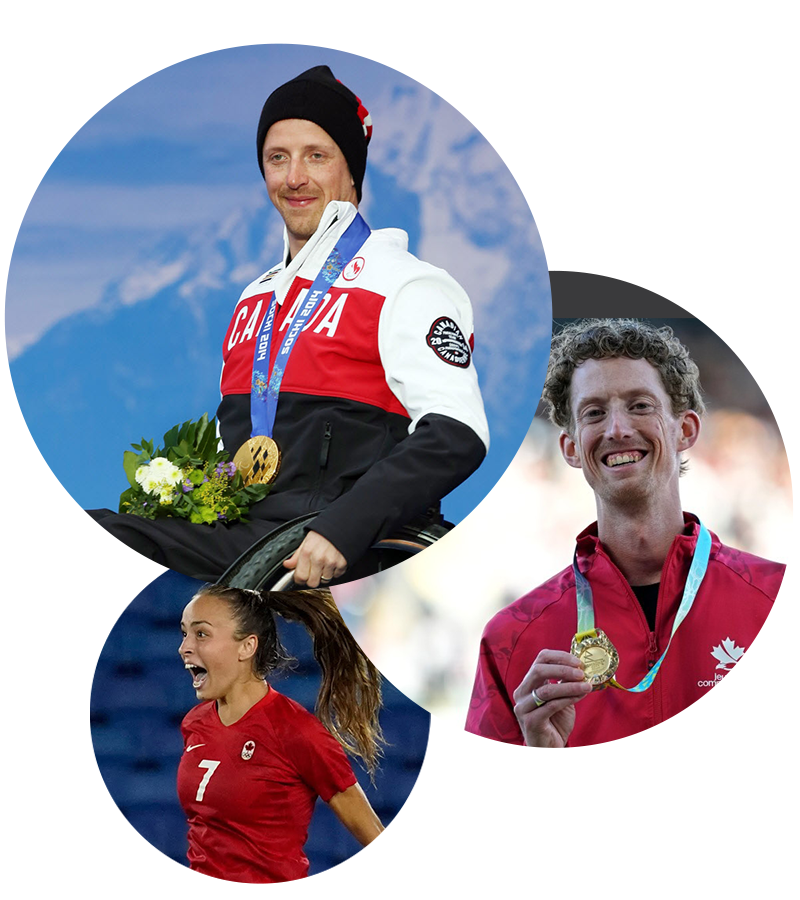 Images of BC Games alumni and Olympic or Paralympic medallists Josh Dueck, Evan Dunfee, and Julia Grosso.