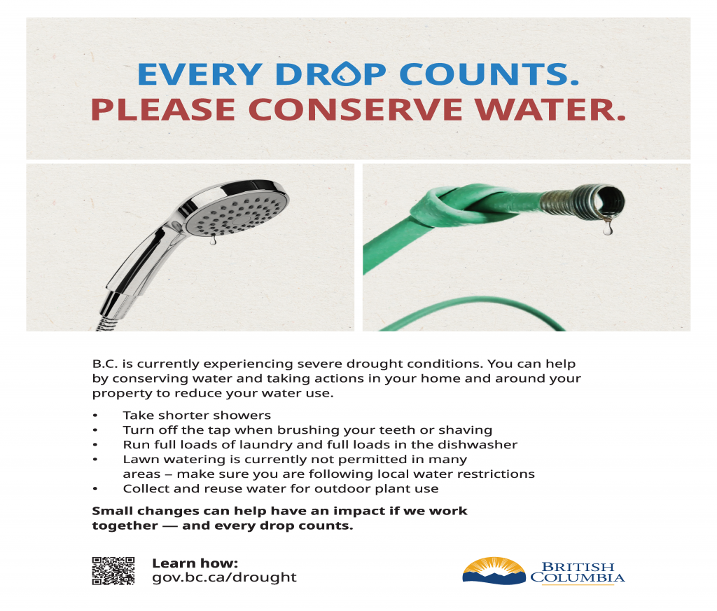 B.C. is currently experiencing severe drought conditions. You can help by conserving water and taking actions in your home and around your property to reduce your water use:

Take shorter showers

Turn off the tap when brushing your teeth or shaving

Run full loads of laundry and full loads in the dishwasher

Lawn watering is currently not permitted in many areas -- make sure you are following local water restrictions

Collect and reuse water for outdoor plant use 

Small changes can have a big impact if we work together -- and every drop counts.