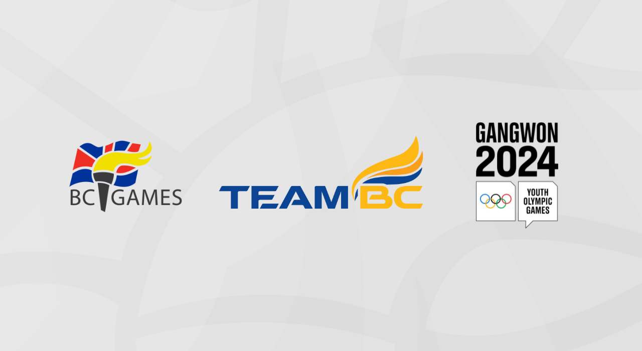 BC Games, Team BC, and Gangwon 2024 Youth Olympic Games logos on a grey background.