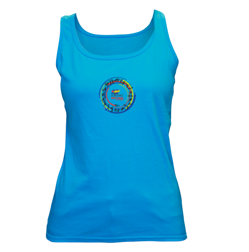Blue sleeveless shirt with Maple Ridge design printed on the centre.