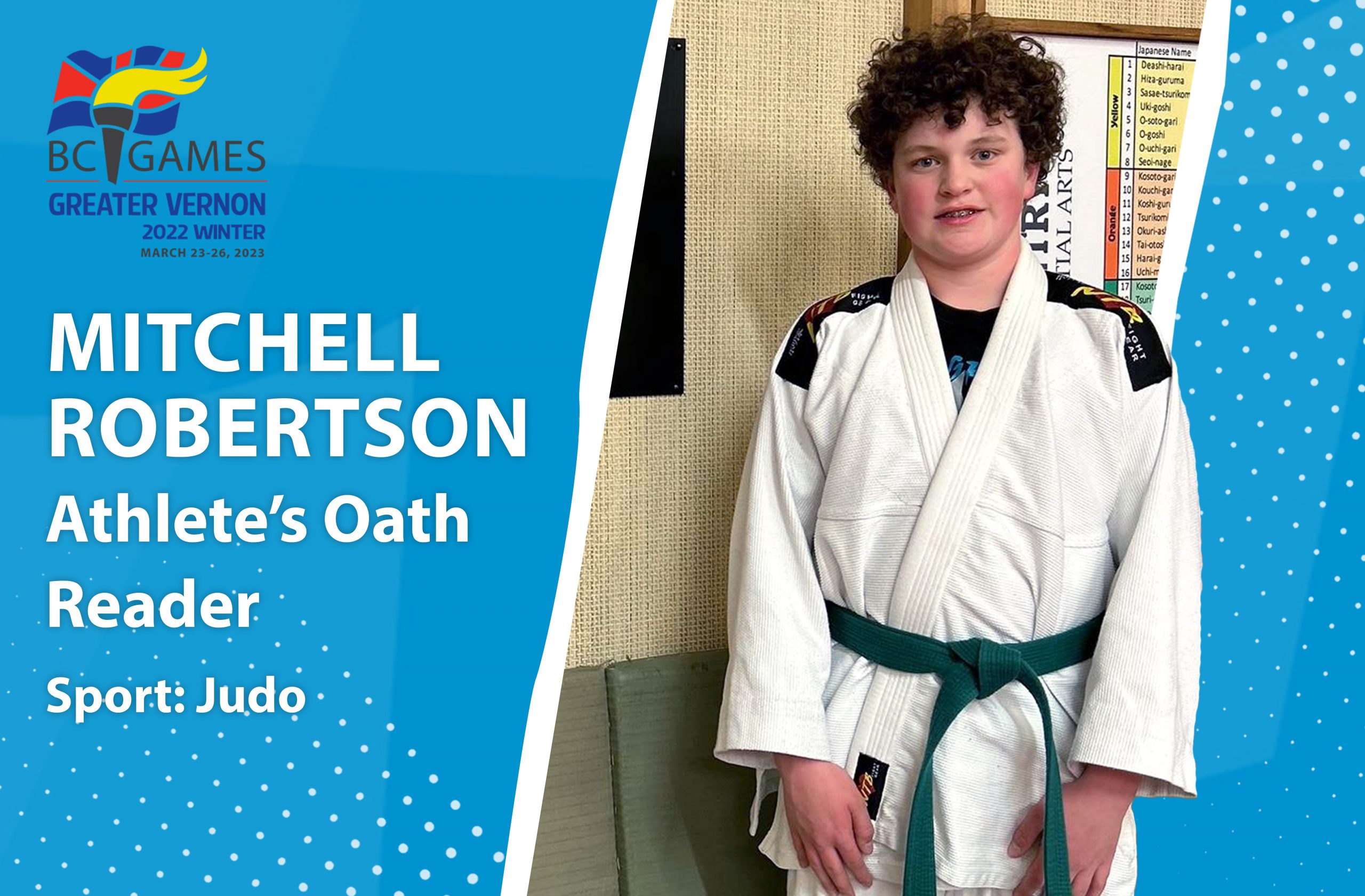 Shown in the photo is Mitchell Robertson in his Judo uniform or "Judogi".