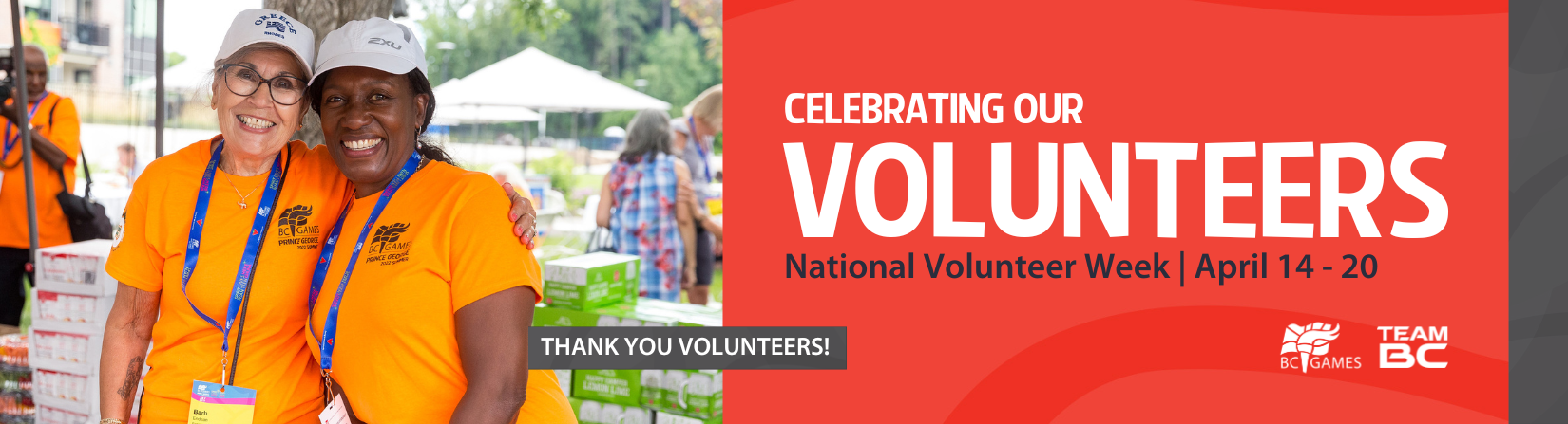 Celebrating our volunteers banner with image of two volunteers smiling.