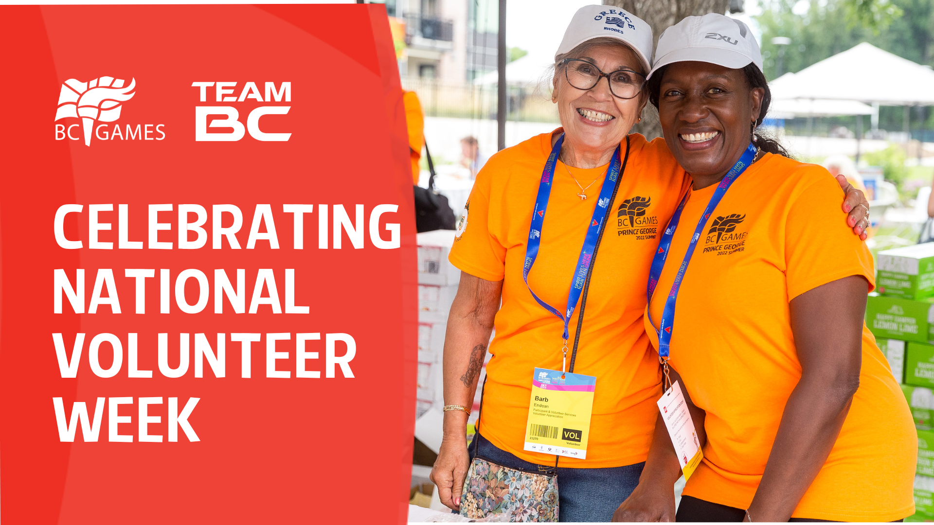 Celebrating National Volunteer Week graphic with a photo of two volunteers smiling from the Prince George 2022 BC Summer Games