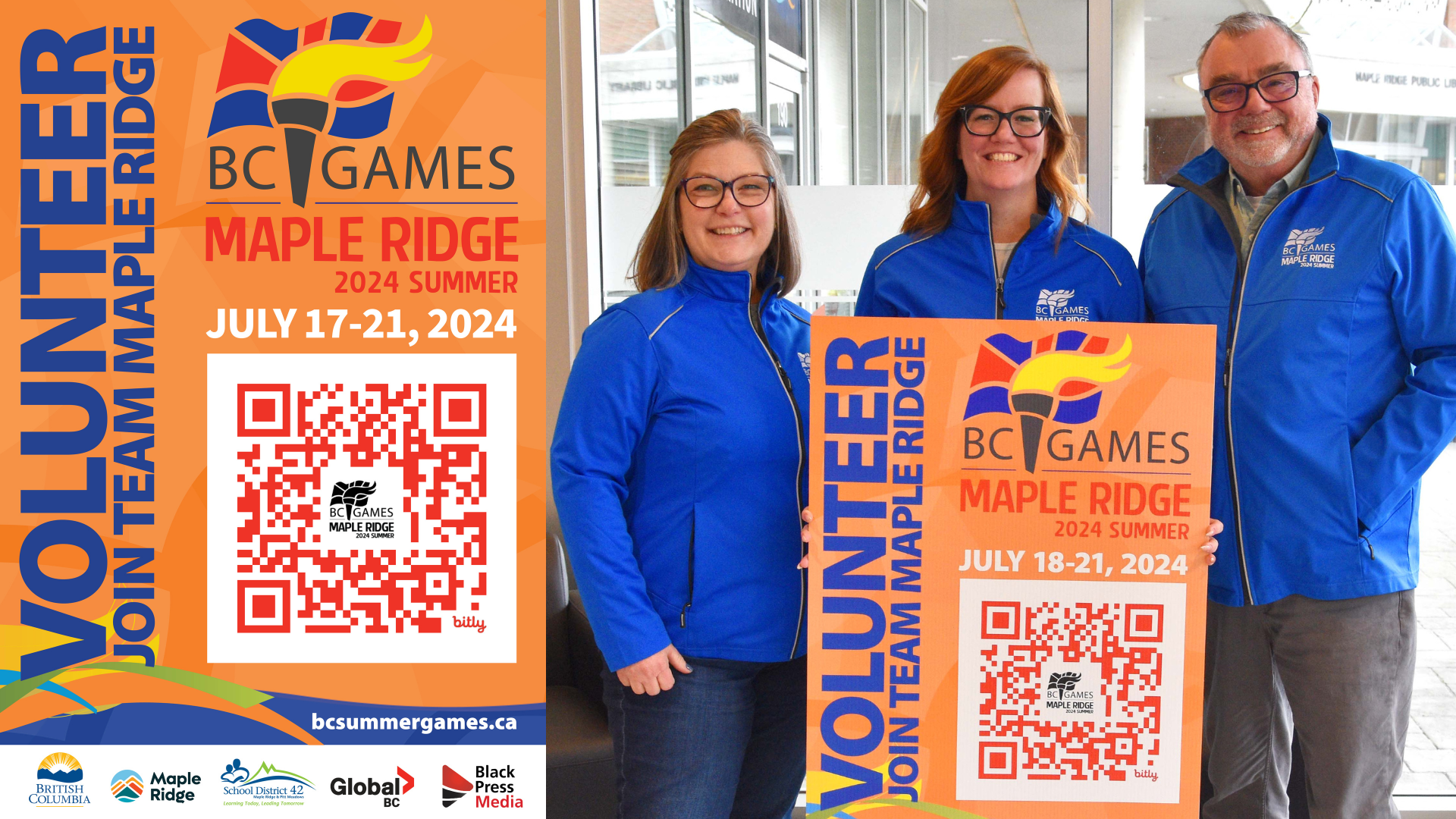 Maple Ridge 2024 BC Summer Games leaders stand with recruitment poster.