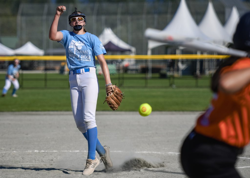 Deschanel pitching at the BC Summer Games.