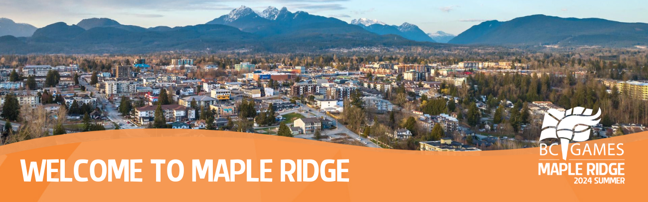 Downtown Maple Ridge with mountains in the background and an overlay that reads, "Welcome to Maple Ridge"