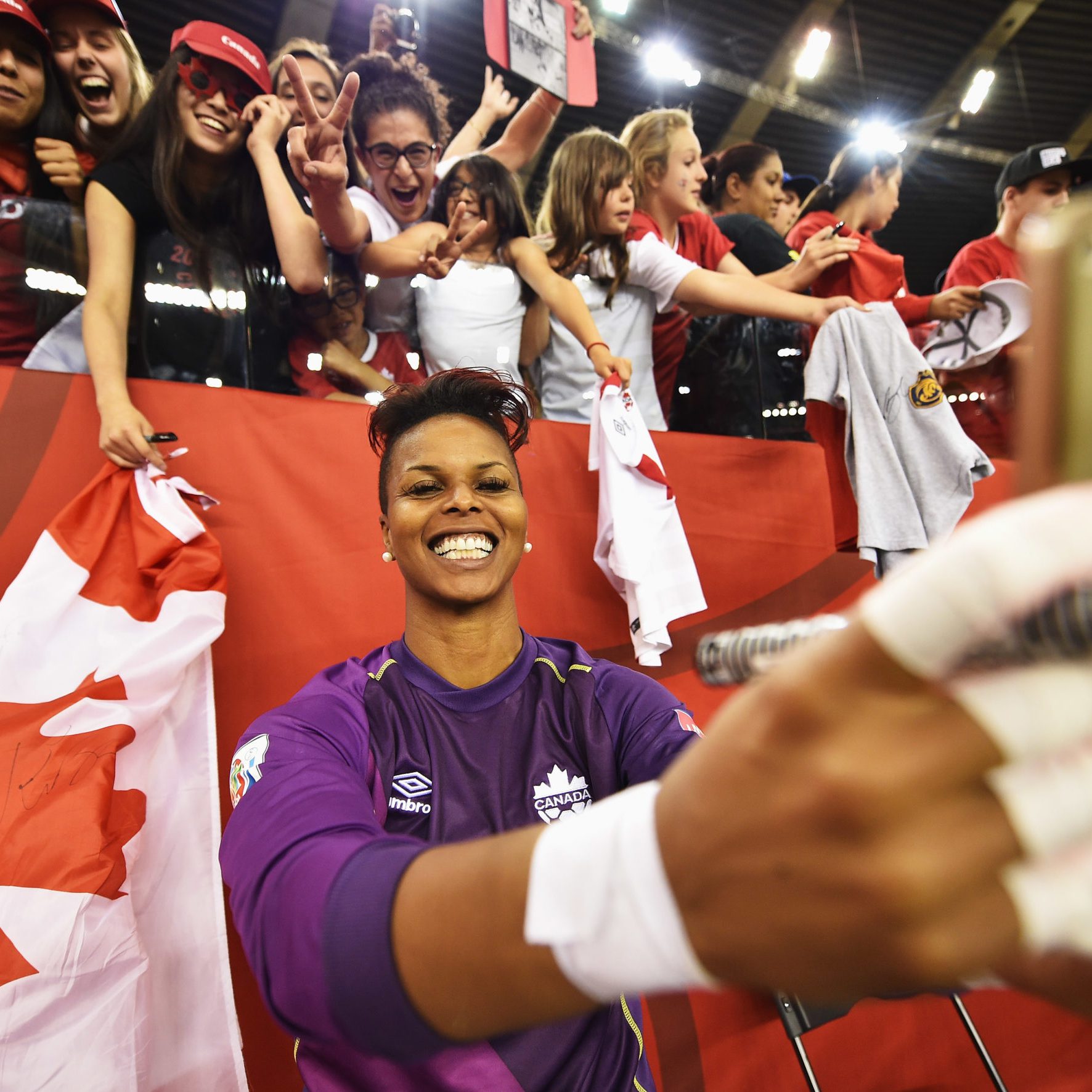 MONTREAL, QC - JUNE 15:  Karina LeBlanc of Canada celebrates with fans at the end of the FIFA Women's World Cup Group A match between Netherlands and Canada at Olympic Stadium on June 15, 2015 in Montreal, Canada.  (Photo by Stuart Franklin - FIFA/FIFA via Getty Images)